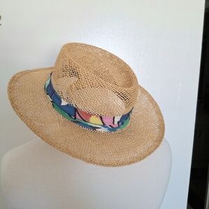 Vintage Straw Hat USA Vendome Pink Green Scarf Band Large